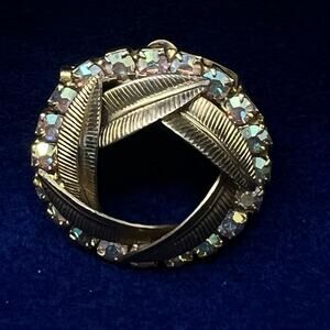 Vintage Gold-Tone Circular Brooch with Leaf Design & Iridescent Rhinestones